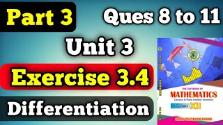 Part 3 Exercise 3.4 questions 8 to 11 unit 3 differentiation class 12 New mathematics book | part 3