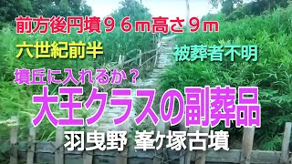 峯ヶ塚古墳（みねがづかこふん）前方後円墳96ｍ高さ9ｍ　古くから大王クラスの陵墓と言われ　出土した副葬品は３５００点以上とも言われている。墳丘にトライできたかな？？