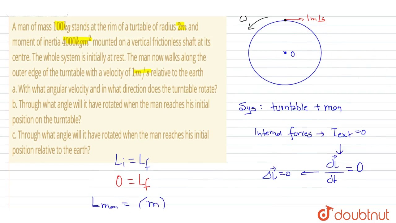 A Man Of Mass `100 Kg` Stands At The Rim Of A Turtable Of Radius `2 M ...