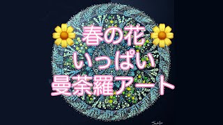 春の花🌼いっぱい曼荼羅アート　フリーハンドで点々、、、描き方/20cm角🌸点描曼荼羅アート🌸アクリル絵の具も使っています。