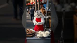 The hardworking cat makes a living by selling steamed buns.