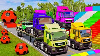 Quadruple Trucks Transporting cars with Flatbed Trailers | Cars vs Speedbump vs Train vs Pothole #38