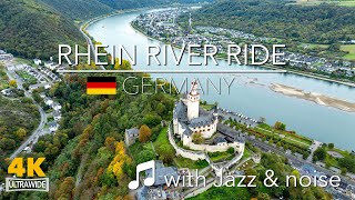 (4K)Riding on the Rhine River in Germany (opposite side), calm jazz music with driving noise