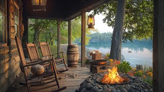 Spring Morning Ambience on the Porch by the Lake | Nature Sounds, Fireplace for Study \u0026 Relaxation