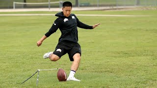 No goal post? Not a problem for this aspiring NFL kicker.