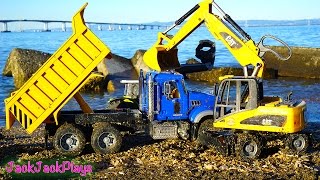 Bruder Construction Truck Toys! | Digging with Construction Toys at the Beach | JackJackPlays