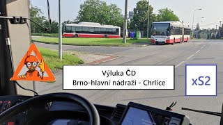 DPMB linka xS2 - náhradní doprava za vlak Brno - Chrlice; POV video 1:1