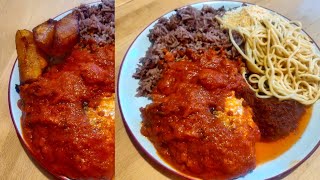 Ghana Waakye with Fish Stew, Spaghetti and Gari | Spiced up with Black Chilli sauce