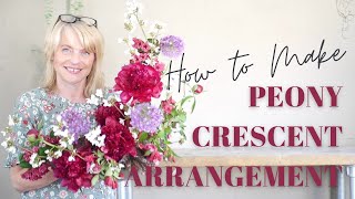 How to make a Peony flower arrangement - crescent shaped arrangement in floral foam
