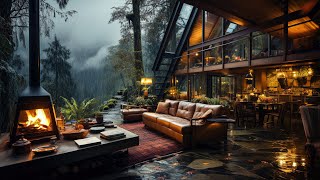 Heavy Rain & Warm Jazz Music in a Cozy Cabin Porch - Rainstorm in the Forest for Sleeping and Relax