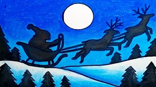 How To Draw Christmas Scenery Moonlight Beautiful |Drawing Santa Claus Easy