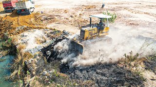 Beginning New Project Demonstrating Action Dump Truck Skilled And Bulldozer Pushing Soil