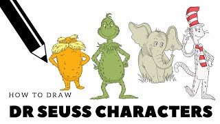 How To Draw Dr Seuss Characters I Drawing Cat in the Hat, Lorax, Grinch, Horton I Happy Drawing Club