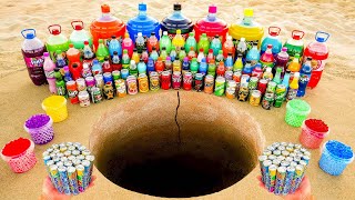 EXPERIMENT: Giant Fanta bottles, Coca Cola, Monster, Mtn Dew, Chupa Chups vs Mentos Underground Hole