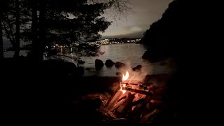 Fireplace 4K No Loop. Real Fire Sound, natural campfire by the forest cove. Filmed in Norway