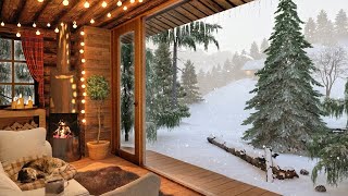 Winter Cozy Cabin in Snowfall with Crackling Fireplace Sound, Relaxing Wind & Snow Falling Ambience