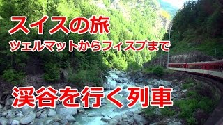 スイス旅行　ツェルマットからフィスプまで　「渓谷を行く列車」