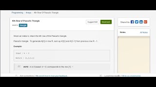 2.9 Kth ROW OF PASCAL'S TRIANGLE IN ARRAY(Arrays)-Interviewbit #arrays#programming#pascal