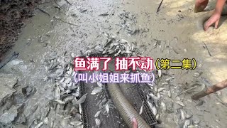 小何抽水抓鱼，渔获满满抽不动水了，喊来小姐姐帮忙抓鱼#抓鱼