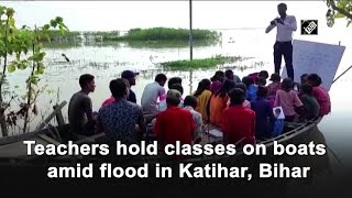 Teachers hold classes on boats amid flood in Bihar’s Katihar