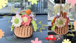 CROCHET IDEAS 💐 Crochet Basket Car Hanging 🌼🌱 Crochet Daisy Flower | Crochet Flower Bouquet