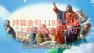 詩篇金句 118篇 14節:  “上帝是信徒的一切”