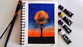 Easy Landscape Painting demo / Acrylic painting tutorial for beginners / Full Moon / Art journal