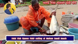 Malvan Dandi Beach Falai Fish (Queen Fish) cutting | मालवण दांडी बीच फलाई मासा |  मासे बाजार मालवण