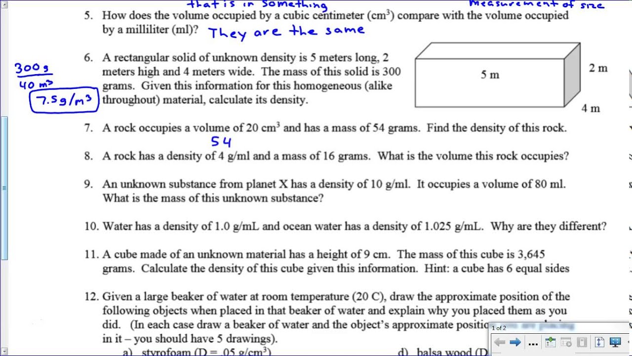 Density Worksheet Key Youtube