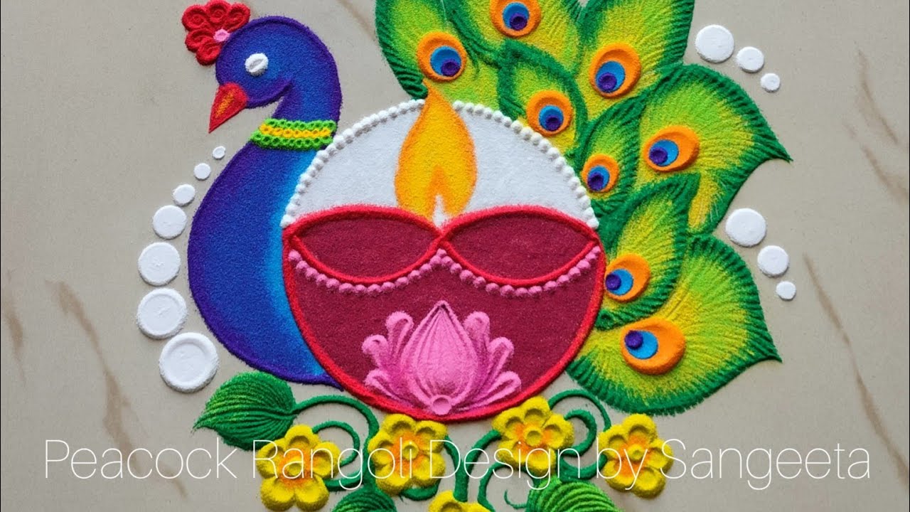 2 Simple And Beautiful Peacock Rangoli Design With Colours L Rangoli By ...