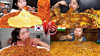 KOREAN VS INDIAN! EATING TONS OF SPICY NOODLES MUKBANG!🇰🇷🆚🇮🇳🌶️🌶️🌶️🔥🔥🔥