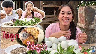 สองอ้ายน้องพากินEP.32 ไข่ลูก ตัวอ่อนของเป็ดกินกับเกลือพริกไทยแก้มผักแพวแช่บๆ ກິນໄຂ່ລູກແຊບສຸດ