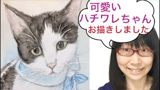 ハチワレ猫ちゃんの似顔絵を描きました 水彩イラストメイキング ヤフオク似顔絵オーダー