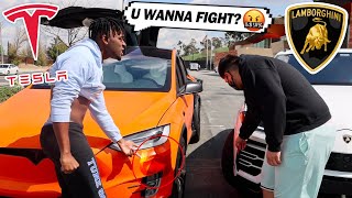 I Fought a Lamborghini Owner for Crashing my TESLA! Lamborghini VS Tesla STREET RACE!