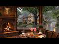 Gentle Rain Outside & Cozy Fireplace Inside 🌧️ Beautiful Café Jazz For Focus, Reading & Relaxation