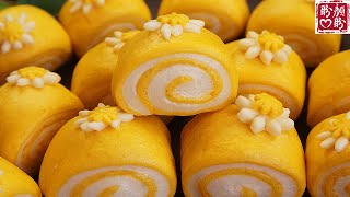 Milk pumpkin steamed bread。奶香南瓜双色小馒头，蓬松暄软，营养又美味！