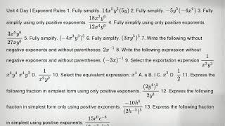 Unit 4 Day I Exponent Rules 1. Fully simplify. 14x^5y^2(5y) 2. Fully simplify. -5y^5(-4x^4) 3. Fully