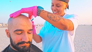 ASMR 💈 Dominican Lady Barber's HEAD SHAVE on Beach! | Spa \u0026 Barber