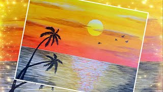 #23  How to draw sunset and coconut tree with acrylic painting/Waterscape Painting/Sara公开课/色彩风景/丙烯画