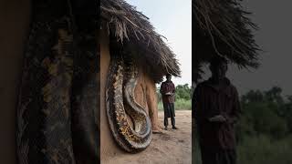 A villager surprised to see this giant snake at the entrance to his hut