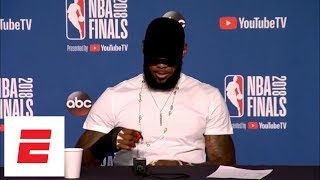 LeBron James wears hand cast in postgame press conference after Game 4, explains injury | ESPN
