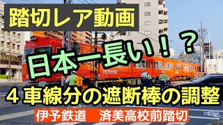 日本一長い遮断棒！？４車線分に伸びた棒の調整(伊予鉄道/済美高校前踏切)