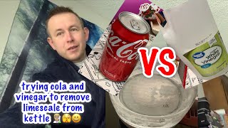 cleaning electric kettle from limescale with coca-cola and white vinegar