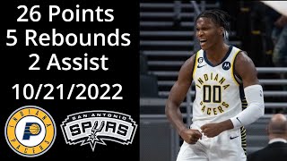 Bennedict Mathurin 26 Pts 5 Reb 2 Ast Highlights vs Spurs 10/21/22