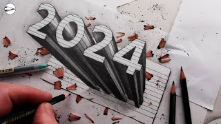 How to Draw 2024 Numbers 3D Trick Art on Line Paper