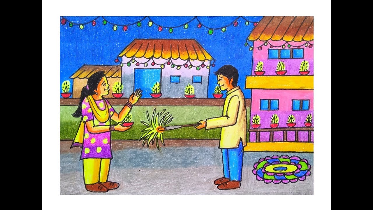 HOW TO DRAW DIWALI SCENERY DRAWING | DIWALI MEMORY DRAWING | DIWALI ...