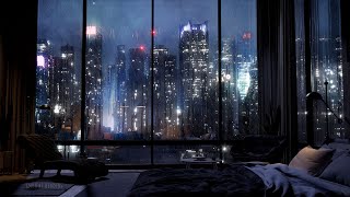 A Luxury NYC Apartment With An Amazing View Of Manhattan | Wind & Rain Sounds For Sleeping | 4K
