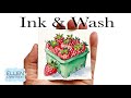 EASY Ink and Wash watercolor - how to draw & paint Strawberries 🍓