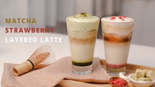 Matcha Strawberry Layered latte: 抹茶 草莓漸層拿鐵，網美咖啡自己做