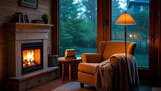 Cozy Reading Nook Ambience 🛖 Soft Jazz with Crackling Fireplace and Rain Sounds For Sleeping |